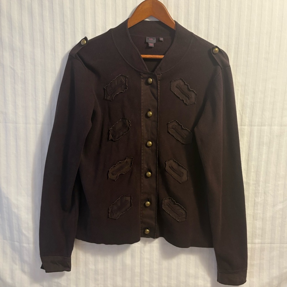 Military Style Cardigan Cotton Blend Brass Button Epaulet Sweater Size M